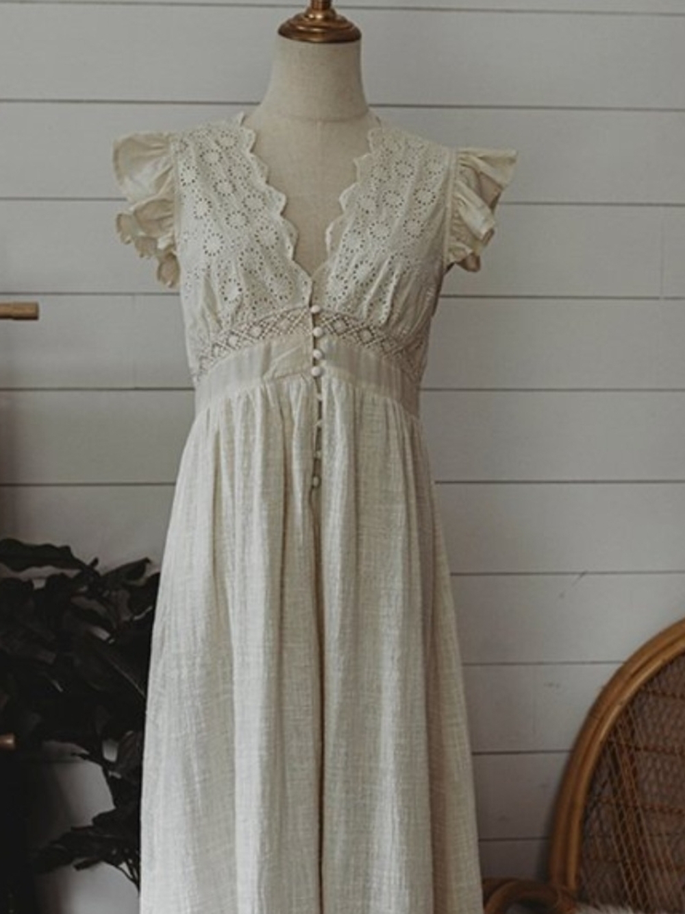 Bohemian Lace-Trim Cream Maxi Dress